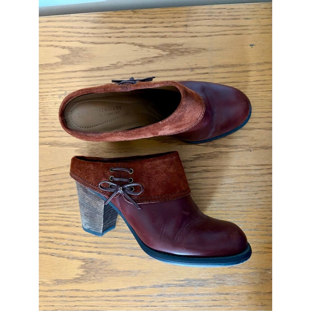 Naturalizer Warm Brown Folded Suede Leather Lace Up Block Heel Mules Fall